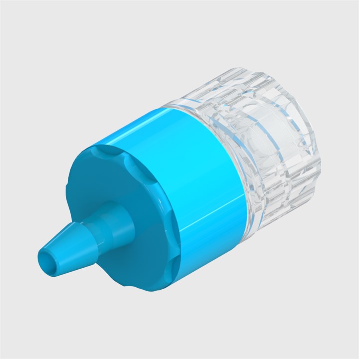 ISO 80369-7 Filtered Check Valve, 3/32" (2.4mm) Barb to Male Luer Lock, ABS Body with Polystyrene, Silicone Disc and Glass Fibre Filter