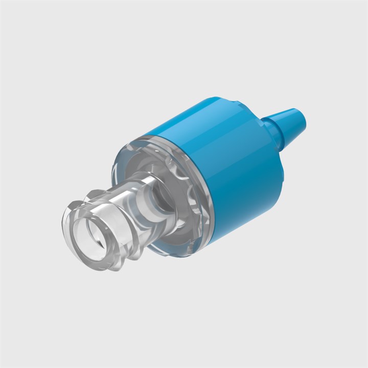 ISO 80369-7 ABS Bodied Filtered Check Valve, Silicone Seal, 0.2 Micron Hydrophobic Glass Fibre disc, Female Luer Lock to 3/32" (2.4mm) ID Tube, Cracking Pressure ≤ 0.1 psi