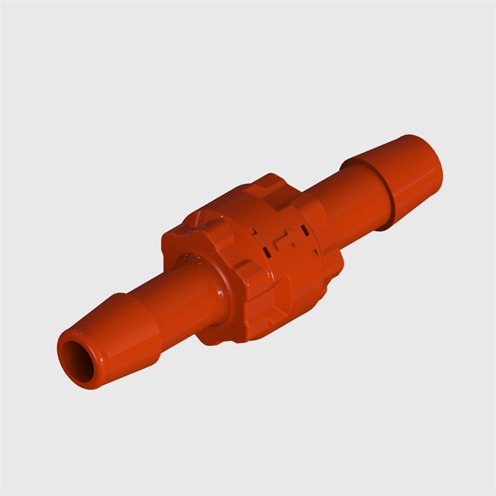 Modular Red Check Valve, 3/8" Barb Input and Output, Nitrile Seals, 3 psi Cracking Pressure