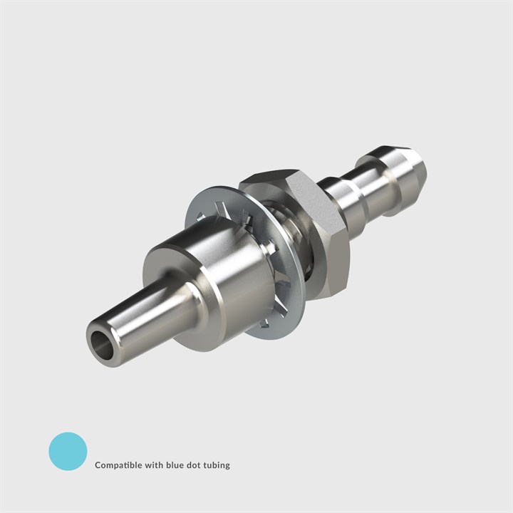 ISO 80369-7 Compatible - Nickel Plated Brass Panel Mount Luer, Male Slip Luer to 1/8" (3.2mm) ID Tube - Compatible With Blue Dot Tubing