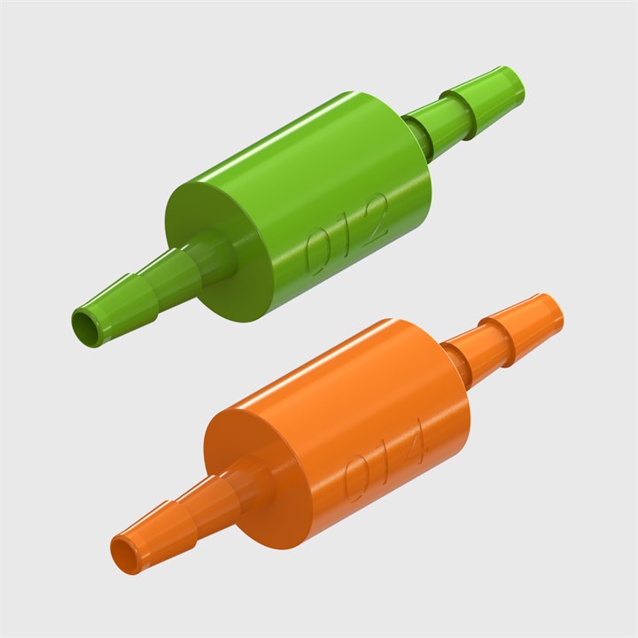 Orifice Restrictors with 100 micron filter, 1/16" Barbed Ports, Polycarbonate